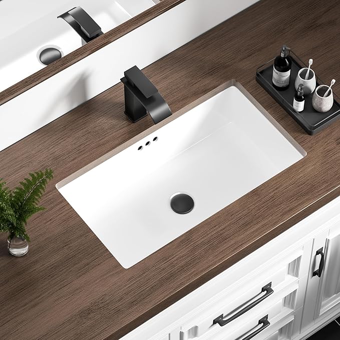 24 Inch Undermount Bathroom Sink Rectangle Undermount Sink White Ceramic Under Counter Bathroom Sinks with Overflow (23.8"x13.8")