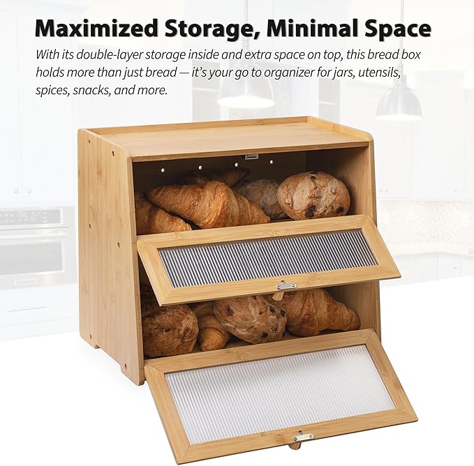 Beautiful Bamboo Bread Box for Kitchen Countertop Non-toxic Double Layer Wooden Breadbox Vitamin Organizer Supplement Bottle Organizer Vitamin Bottle Storage Food-Safe (Assemble Instruction Updated)