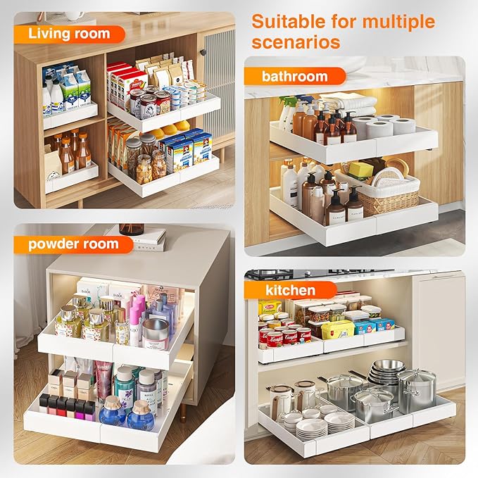 2 Pack Expandable Pull Out Cabinet Organizer, Slide Out Cabinet Shelves with 3 Quiet Rails, Nano Adhesive No Drill Roll Out Drawers for Kitchen, Pantry, Bathroom, 12.6"-20.4" W x 21" D, White
