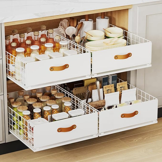 Pull Out Cabinet Organizer, No-Drill Pantry Drawers, Slide Out Shelves with Bamboo Risers for Lipped Cabinets,Ideal for Kitchen, Bathroom & Under Sink Storage (White, 15.8" Wide-21 Deep)