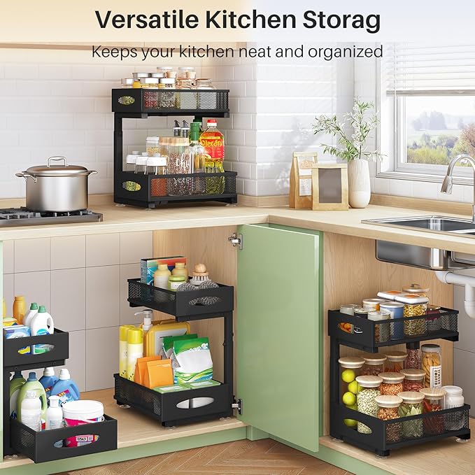 Under Sink Organizer, 2 Pack 2 Tier Pull out Cabinet Organizer Baskets with Mesh Sliding Drawers, Slide out Sink Storage Shelves for Home, Kitchen, Bathroom, Pantry, Office Organizers and Storag,Black