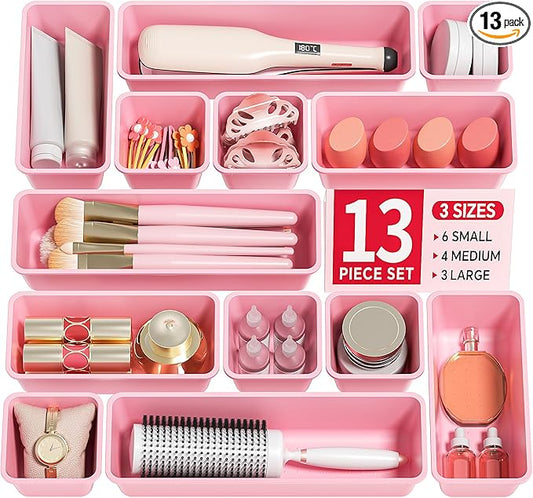 Canfanni 13 Pack Plastic Drawer Organizers Set, 3 Sizes Desk Drawer Organizer Trays for Vanity and Makeup Organizer, Organization and Storage for Makeup, Kitchen Utensils, Bathroom and Office(Pink)