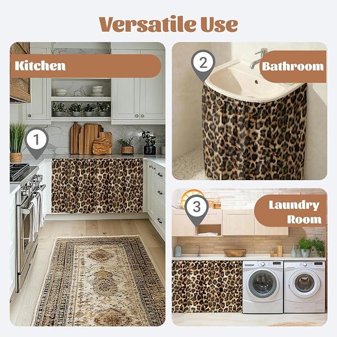 Leopard Print Sink Skirt for Bathroom, Self Stick Adhesive Waterproof Fabric, Wild Safari Cheetah Under Sink Curtain Skirt, Pedestal Accessories Decor