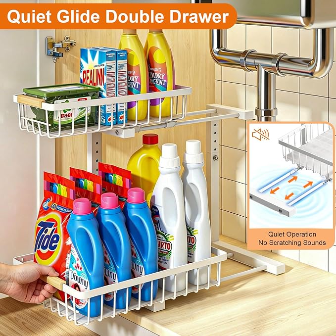 REALINN Under Sink Organizer, 2 Pack Height Adjustable Under Sink Organizers and Storage, 2 Tier Pull Out Drawer Cabinet Storage for Kitchen Bathroom, White