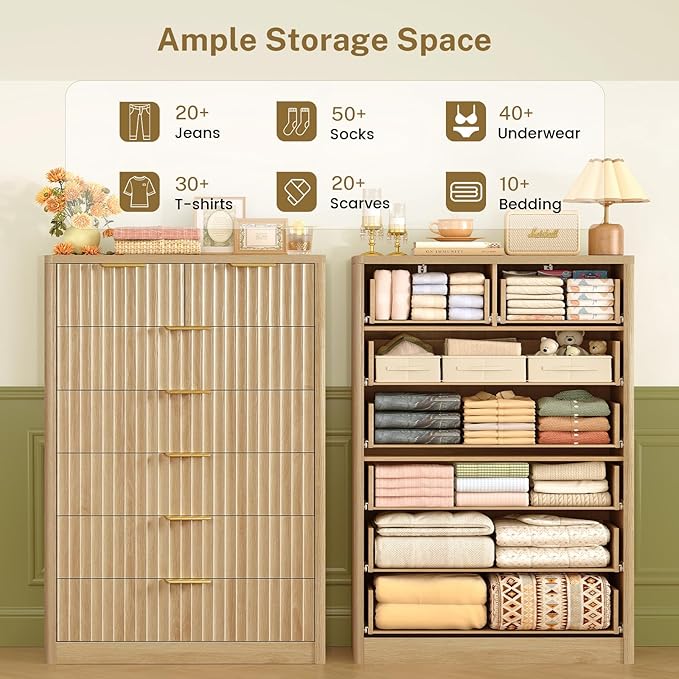 TEENFON 48" Tall Dresser for Bedroom with 7 Drawers, Dressers & Chests of Drawers with Metal Handle, Fluted Dresser, Wood Closet Clothes Storage Organizer for Bedroom, Hallway, Natural