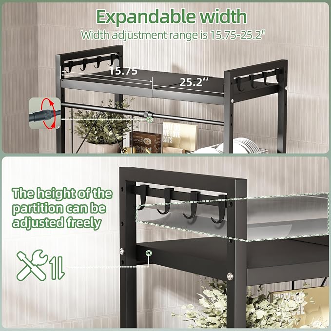 NETEL Expandable Microwave Stand with Cutting Board Holder and Knife Holder,3 Tier Metal Kitchen Countertop Organizer Shelves with 8 Hooks,Bakers Rack,110lbs Weight Capacity,Black