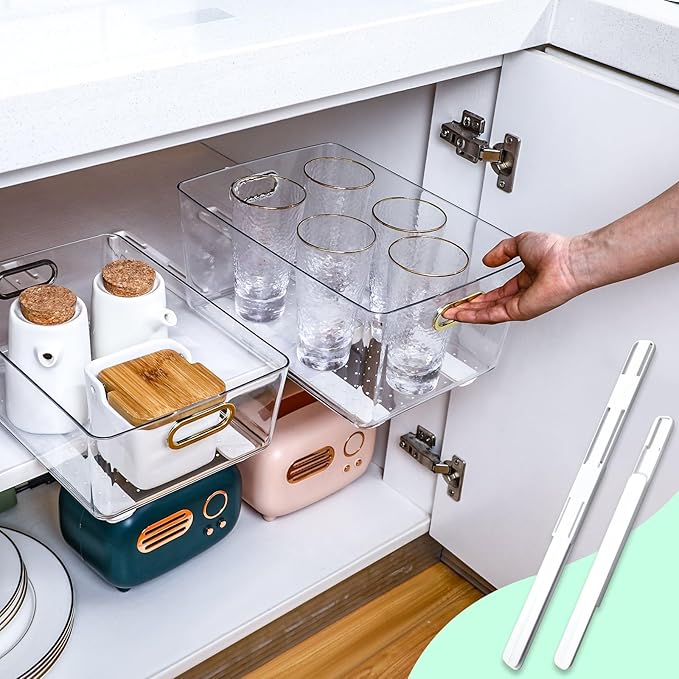 CroBlissful 4 Pcs Adhesive Sliders for Cabinets Pull Out Drawer Organizer Accessories Basket Office Glide Cabinet Tracks Runner Adhesive Drawer Slides Pull Out Replace Guide Rail for Back to School