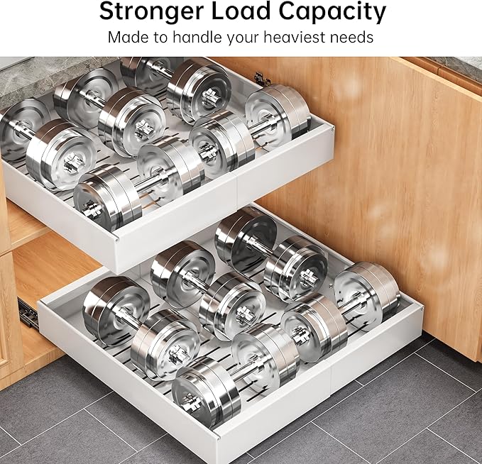 Pull out Cabinet Organizer, 2 pack, 20.5" Deep Heavy Slide out Drawers, Upgrade Three triple-slide Rail Systems, Expandable 12.8"-20.8" Roll out Shelf Storage for Kitchen Base Cabinet Organization