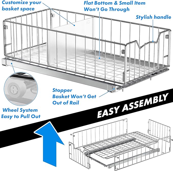 Simple Houseware Pull-Out Cabinet Sliding Basket Organizer, 17.2" D x 9.7" W x 5" H – Chrome Finished, Ideal for Kitchen and Bathroom Cabinet Storage, Under Sink or Pantry Organization
