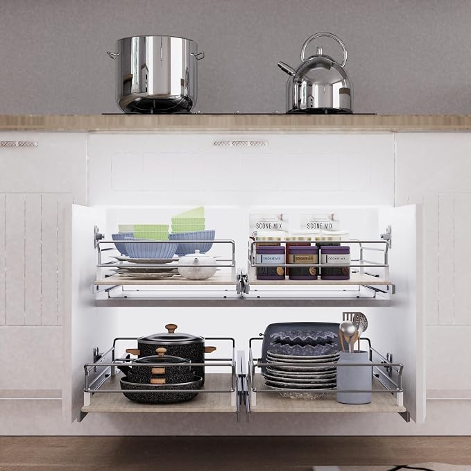 Pull Out Cabinet Organizer 11" W X 22" D, Slide Out Drawers For Kitchen Organizers and Storage, Pull Out Drawers For Cabinets Capacity Heavy Duty Caddy, Cabinet Shelves Wood Chrome, Pantry Storage