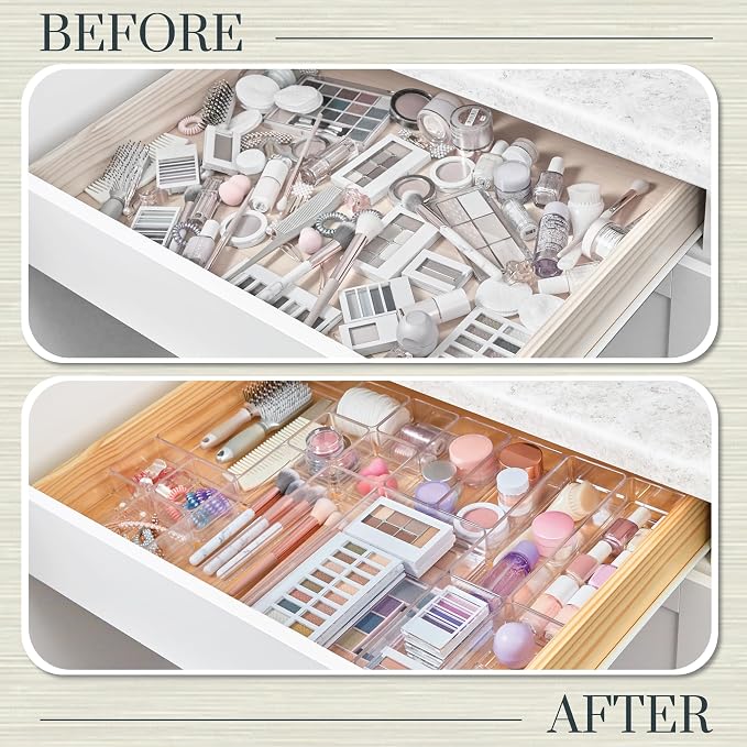 STORi SimpleSort 18-Piece Stackable Clear Drawer Organizer Set | Multi-size Trays | Makeup Vanity Storage Bins and Office Desk Drawer Dividers | Made in USA