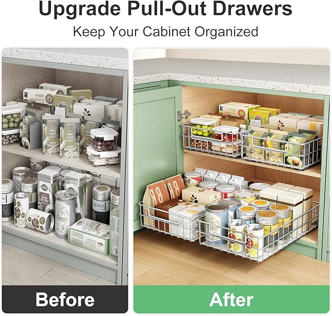 Pull out Cabinet Organizer, Stainless Steel 1-Pack (9.8"W x 16.5"D) Full-Extension Slide out Drawer, Adhesive Roll out Can Spice Storage Basket Shelf Rack for Pantry, Kitchen, Bathroom, Home Closet