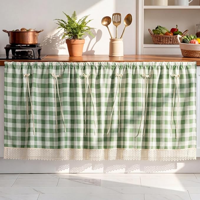 VitalCozy Cabinet Curtain 28" W x 51" L Sink Skirt for Bathroom Kitchen Green Checkered Lace Ruffles Short Curtain for Home Classroom Farmhouse Rustic Drape Under Desk Privacy Drape for Laundry Room