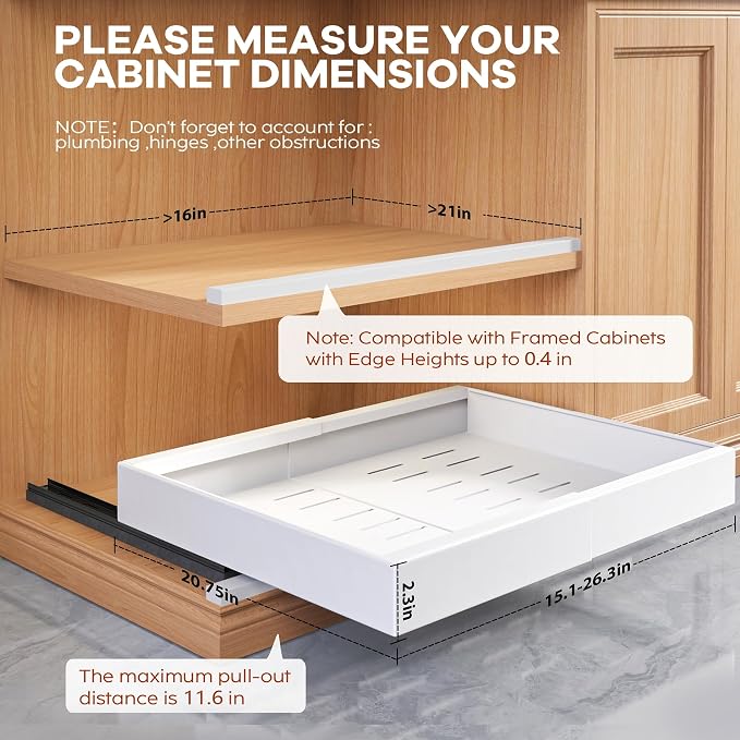 Seinloes 2 Pack 21" Deep Pull Out Cabinet Organizer Expandable（Width 15.1"-26.3"）+4 Pack Slide Out Drawers With Raising Pad for Framed Cabinets,Adjustable Width 9"-14" White