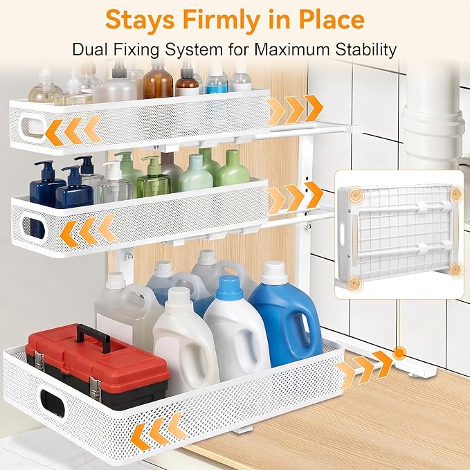 Under Sink Organizer for Bathroom, 3 Tier Adjustable Height Under Sink Storage, Sliding Pull Out Cabinet Organizer Shelf, Metal Multi-Purpose Cabinet Organizer for Kitchen (1 Pack, White)