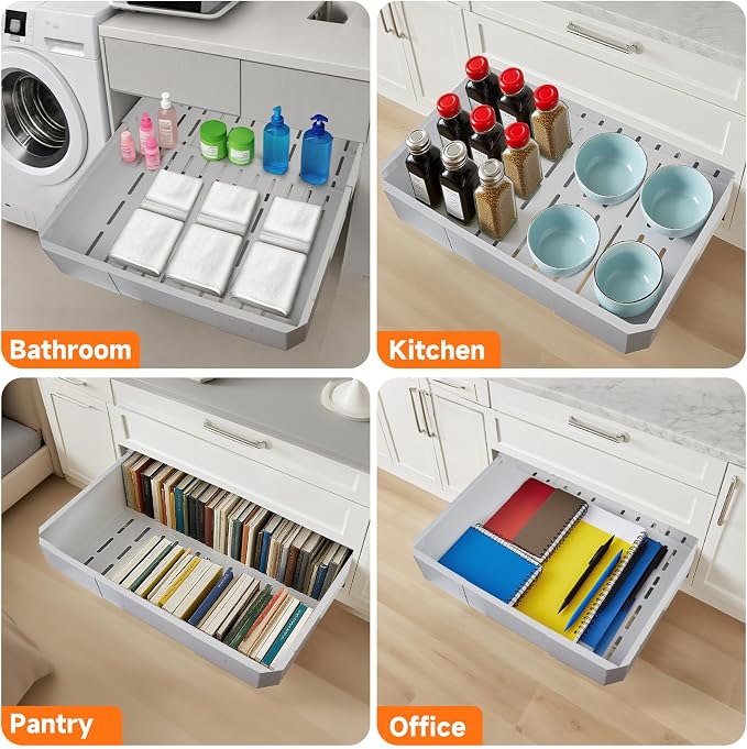 Pull out Cabinet Organizer,Adjustable Width (14"-19") and Depth (17"-24") Expandable,No Drill Slide out Drawers for Kitchen,Pantry,Adhesive Roll out Shelves,for Cabinets Without Lip (white)
