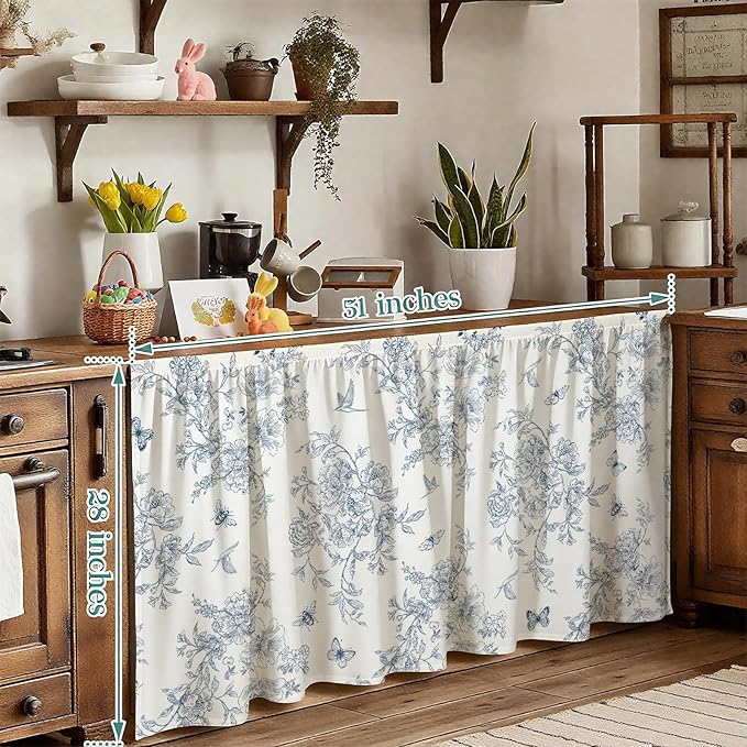 MUGINYU Cabinet Curtains 28" W x 51" L Sink Skirt for Bathroom,Blue Vintage Floral Short Curtains for Kitchen &Classroom,Farmhouse Cottage Core Closet Dishwasher Curtain with Velcro