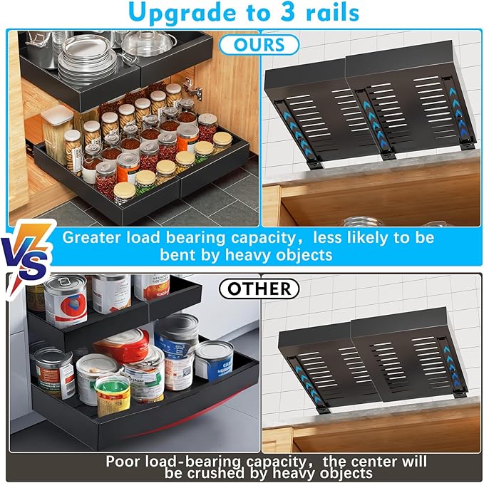 YFXCVSL Pull Out Cabinet Organizer, Expandable(12.6''-20.5'') Heavy Duty Drawers Organization, Slide Out Cabinet Organizers with Adhesive Nano Film for Kitchen Cabinet Organization (Black), 1610Black