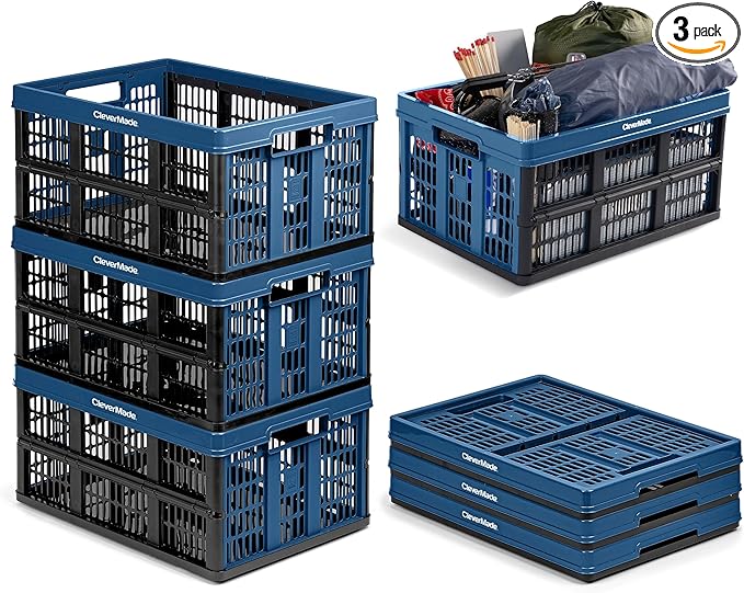 CleverMade Collapsible Utility Crates, Ocean, 3 Pack, 45L/11 Gal, 66 lbs Capacity, Stackable Containers, Heavy Duty, Space-Saving Baskets,Polypropylene (PP)