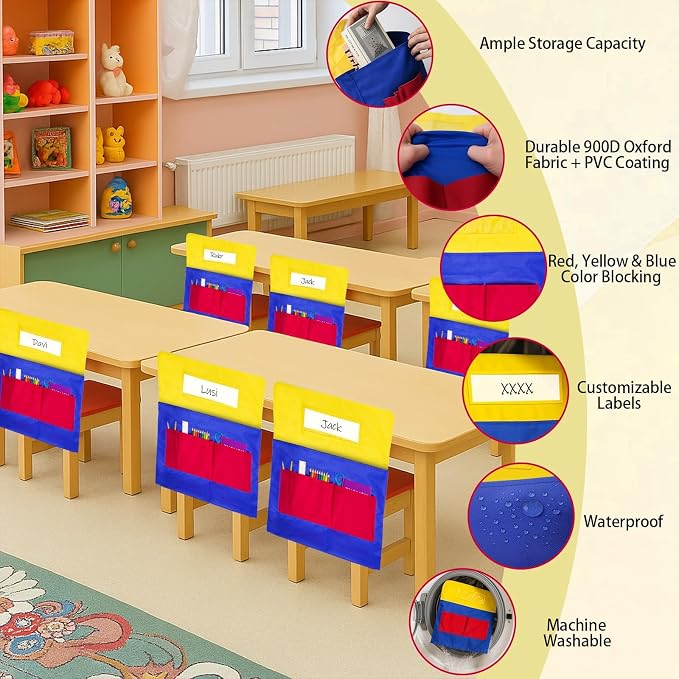 25 PCS Chair Pockets for Classroom Chairs, 15"W x 19"H Seat Sacks with 5 Pockets, Durable 600D Oxford Student Chair Bag Organizer with Name Tag Slot for K-5 Kindergarten School, Colorful