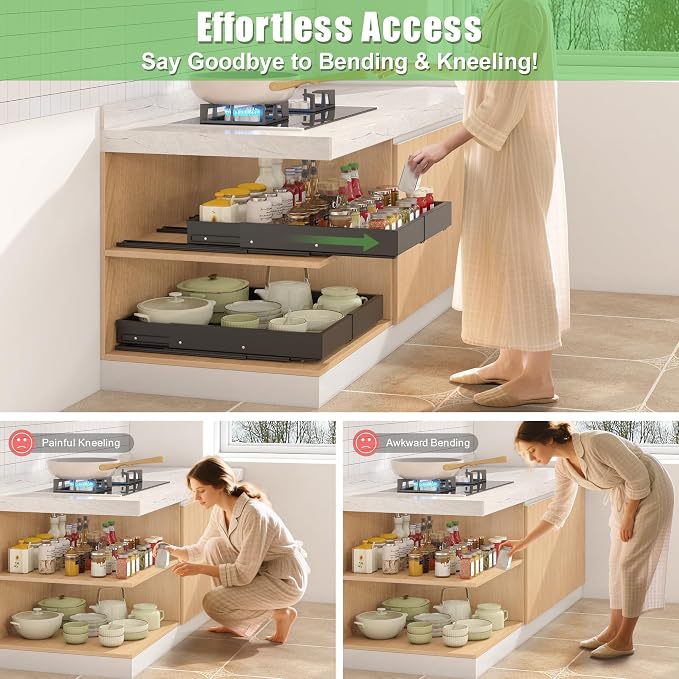 1 Pcs Pull Out Drawers for Cabinets Organizer Expandable Width(11.8"-19.4"), Depth(16.45"-21.7") With 3 Rails, No Drill Roll Out Drawer, Adhesive Sliding Drawers (Black)