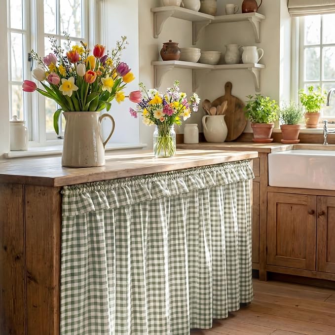 Green Ruffle Gingham Sink Skirt Self-Adhesive Bathroom Stitch Self Stick Adhesive Fabric Under Sink Curtain Skirt 55'' x 32'' for Bathroom Kitchen Laundry Utility Room Decor (32 x 55in)