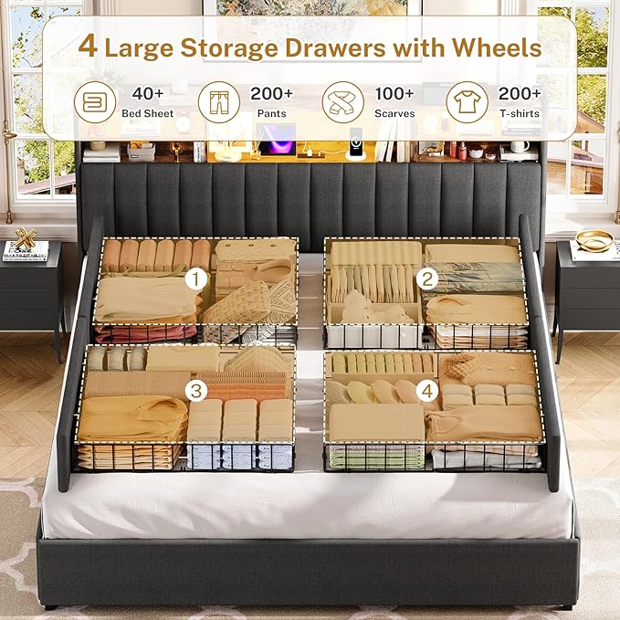 TEENFON King Size Bed Frame with Headboard and 4 Drawers Storage, Bed Frame King Built in LED Lights and Charging Station, Sturdy & Noise-Free Upholstered Platform Metal Bed, Dark Grey