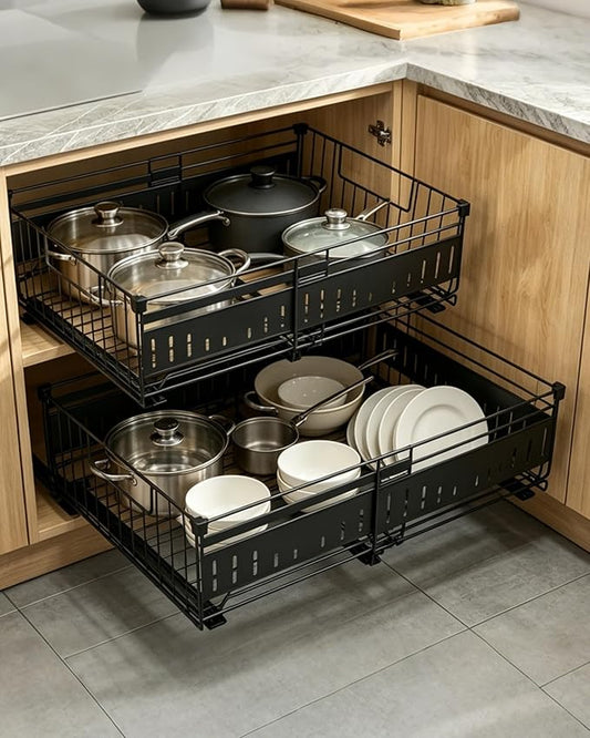 KimHong 2 Pack Pull Out Cabinet Organizer, Expandable Drawer Organizer with Adjustable Width 12.4"-19.5", Adhesive No Drill Under Cabinet Shelves for Home Kitchen Pantry with Silent Slides