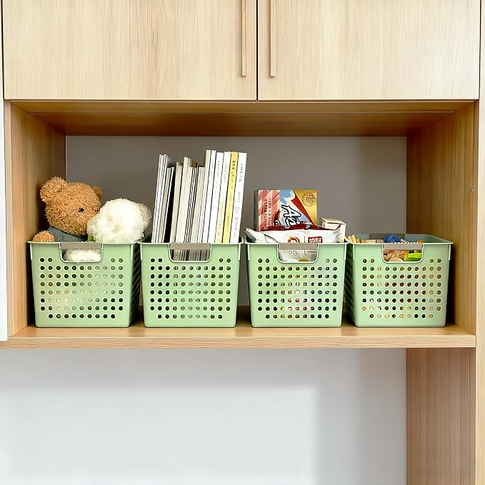 Soddeph 4 Pack Plastic Deep Storage Basket with Handles, Cubbies Organizer Bins with Hollow Design for Under Counter, Closet, Kitchen or Bathroom 12.3" × 8.7" × 6.9"(Green, Medium)
