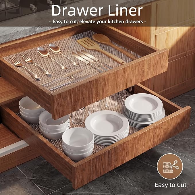 PABUSIOR Cabinet Drawer Liners for Shelves: 100% EVA Non Slip Clear Kitchen Cupboard Mats 17" x 240" - Multiple Wide Non-Adhesive Waterproof Refrigerator Shelf Liner for Pantry Shelves Bathroom