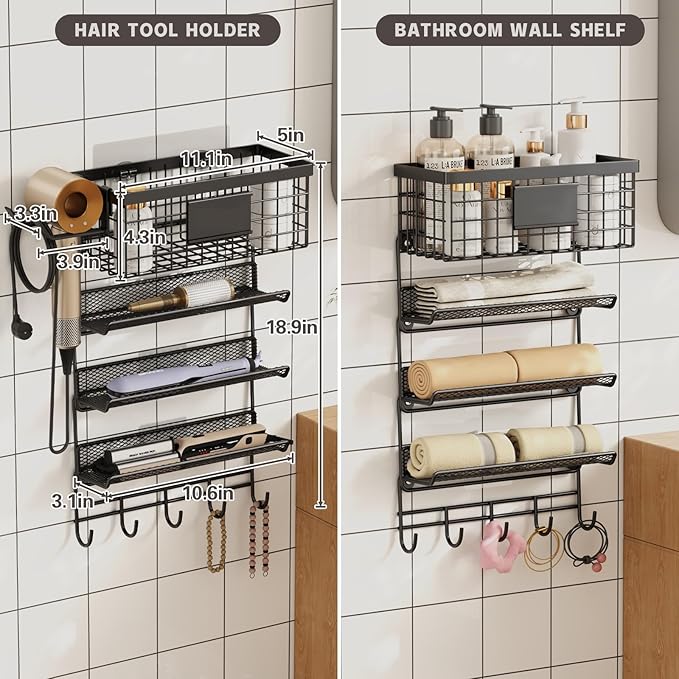 Magheo Hair Dryer Holder Wall Mounted, Adheisve Hair Styling Tool Organizer for hair Brush/Appliance Wall Mount with 5 Tier Shelf Basket Hooks Blow Dryer and Straightener Holder for Bathroom(Black)