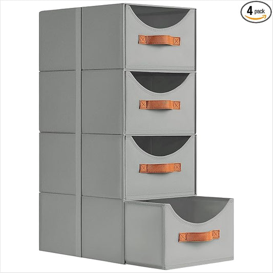 Homsorout Stackable Storage Drawers - Collapsible Storage Bins with Drawers, 4 Pack Closet Shelf Organizer Basket, Fabric Pull Out Organizer for Bedroom, Living Room, Dorm, Grey