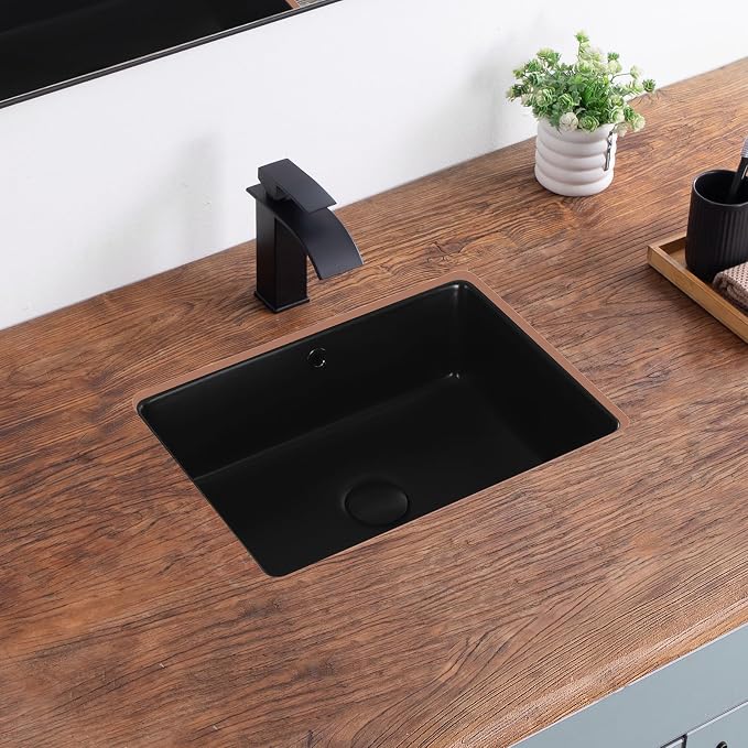 18 Inch Undermount Bathroom Sink Matte Black Rectangular Porcelain Ceramic Vanity Basin with Overflow (18.5"x14.0") KDKSC