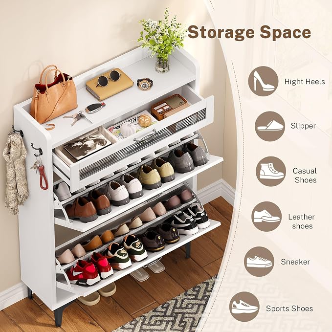 TEENFON Shoe Cabinet with 2 Flip Drawers & Top Drawer, Farmhouse Narrow Shoe Storage Cabinet with Adjustable Shelves & Hooks, Freestanding Hidden Slim Shoe Rack Cabinet for Entryway, Hallway, White