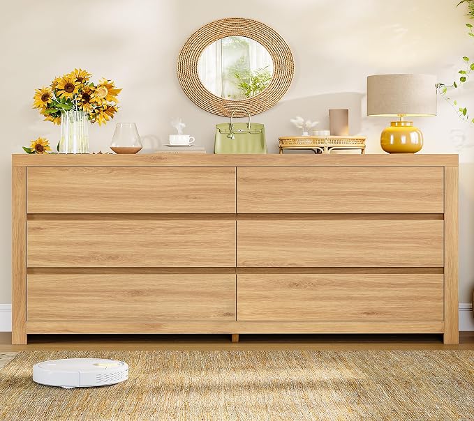 TEENFON 55" Dresser for Bedroom with 6 Drawers, Modern Dressers & Chests of Drawers with Metal Handles, Wooden Dresser TV Stand, Bedroom Dressers, for Bedroom, Hallway, Natural