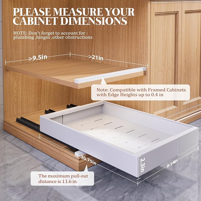 Seinloes 2 Pack 21" Deep Pull Out Cabinet Organizer Expandable（Width 15.1"-26.3"）+4 Pack Slide Out Drawers With Raising Pad for Framed Cabinets,Adjustable Width 9"-14" White