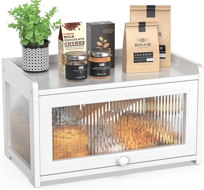 BAMBANG Bamboo Bread Box for Kitchen Countertop, Extra Large Farmhouse Bread Box with 4-Side Clear Panels, Wooden Bread Storage Container for Homemade Bread, White
