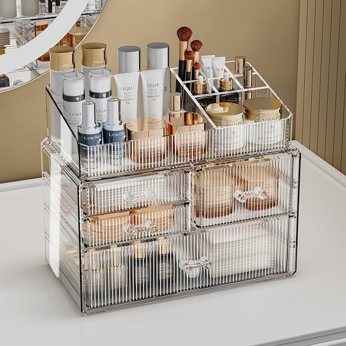 ZHIAI Stackable Storage Drawer, Acrylic Organizer, Cosmetic Organizer for Dresser, Vanity, Kitchen Cabinet, Bathroom, Under Sink, Home Organization and Storage (1 Top 3 Drawers)