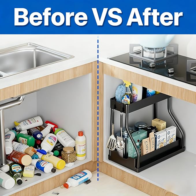 Under Sink Organizer, 2 Tier Pull out Cabinet Telescopic Rack, Under Sink Organizer for Kitchen,Bathroom,Storage (1 Pack, Black)