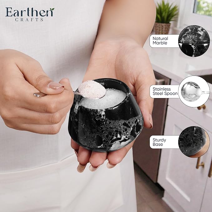 Marble Salt Cellar with Lid & Spoon, Black, 3" Salt Box Natural Stone Salt Holder For Countertop Salt Dish Spice Jar Seasoning Storage Containers for Kitchen Table Decor