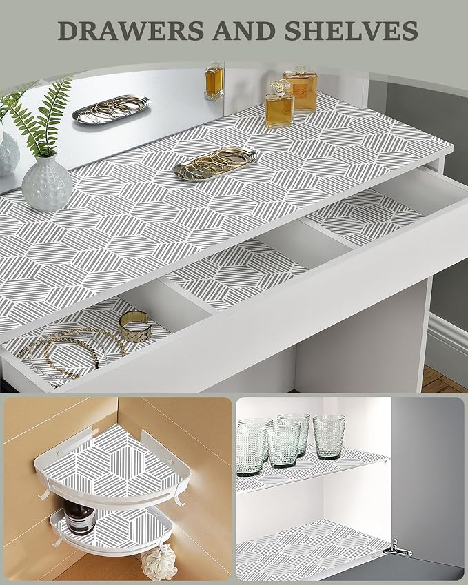 Shelf Liner Drawer Liner for Kitchen Cabinet Non-Adhesive Cabinet Liners Thickened Slip Resistant Waterproof Shelf Paper Protect Cupboard Dresser Shelves, Gray Hexagonal Geometric Stripe 11.8In x 10FT