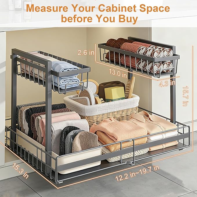 Under Sink Organizer, 1 Pack 2-Tier Expandable Pull Out Storage with Ball-Bearing Slides, Height Adjustable for Kitchen Bathroom Cabinet, Black