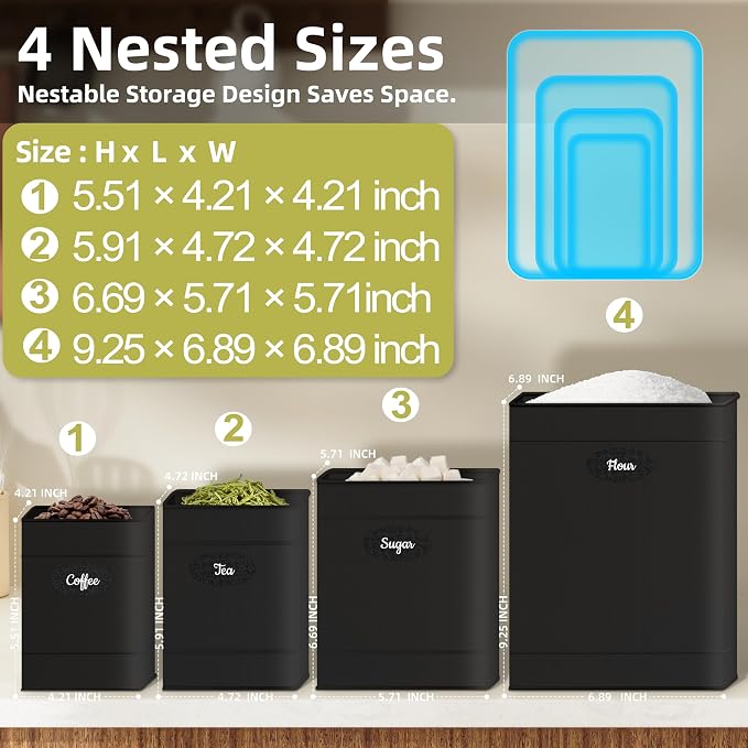 Canisters Sets for the Kitchen Set of 4, Metal Sugar Flour Coffee Storage Containers for Countertop with Airtight Lids, Customizable Chalkboard Labels & Marker Pen, Storage Jars Canisters - Black