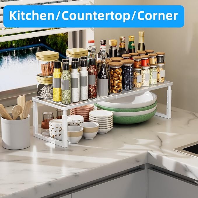 Shelf Organizer Stackable 1 Pack: Expandable (15.8"-25.5") Spice Rack Height Adjustable(6.2"/7.3"/8.5") Kitchen Organizer Countertop Metal Shelves for Pantry Storage White
