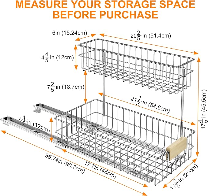 Pull Out Cabinet Organizer, Under Sink Slide Out Storage Shelf with 2 Tier Sliding Wire Drawer, Sliding Storage for Inside Kitchen Cabinet- 11.5 in. W x 21.5 in. D (Right)