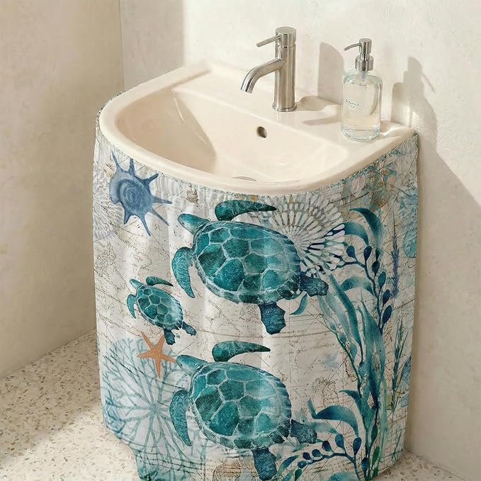 Nautical Green Sea Turtles Beach Theme Sink Skirt for Bathroom, Self Stick Adhesive Waterproof Fabric, Blue Ocean Under Sink Curtain Skirt, Pedestal Sink Accessories Decor
