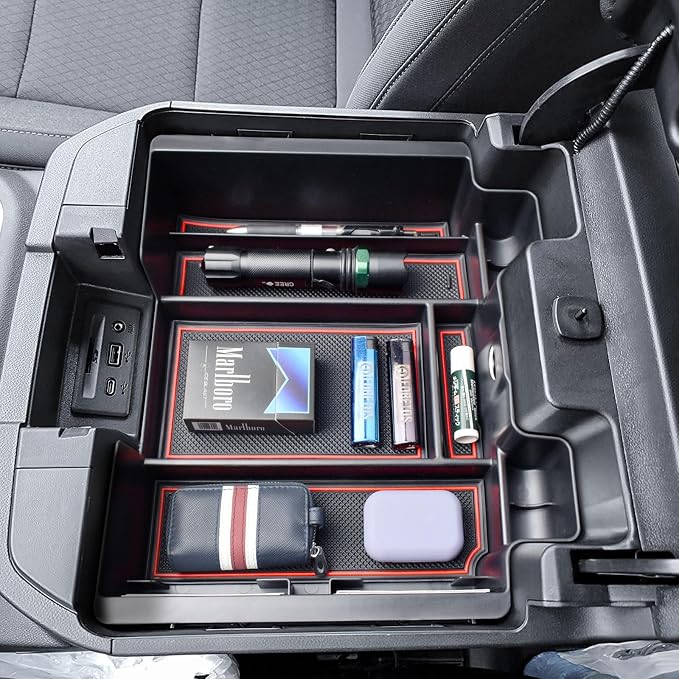 Center Console Organizer Compatible with 2019-2022 Chevy Silverado/Sierra 1500 and 2020-2023 Silverado/Sierra 2500HD 3500HD Accessories Armrest Full Size Tray,Full Console w/Bucket Seats ONLY,Red