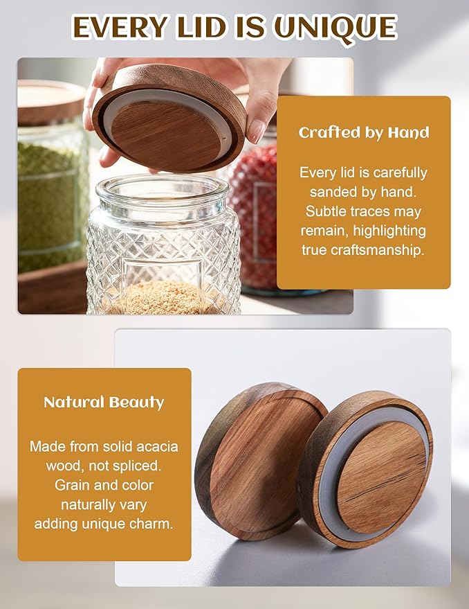 Glass Jars with Wood Lids Labels and Pen - Airtight Storage Container for Kitchen Pantry Bathroom Countertop, Decorative Vintage Canister for Candy, Cookie, Treat, Sugar, Coffee, Tea, Salt, Set of 3