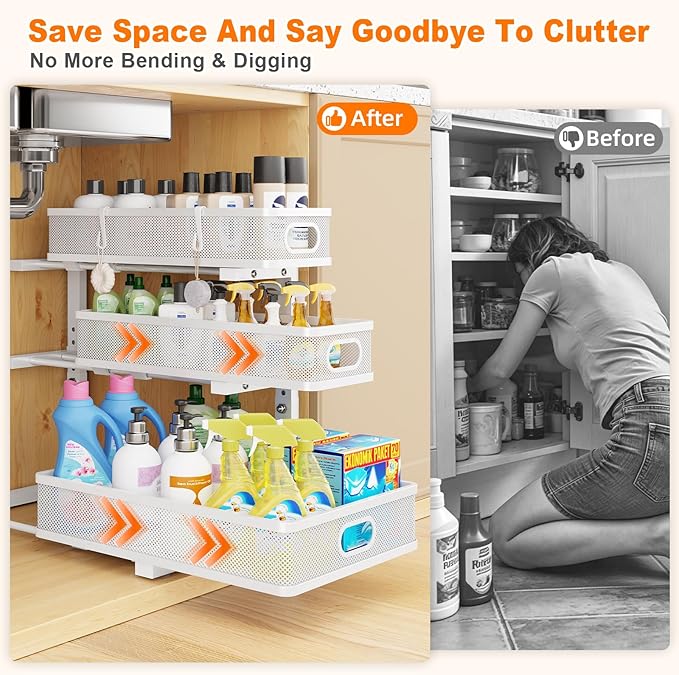 Under Sink Organizer, 2-Pack 3-Tier White Metal Pull Out Cabinet Organizer, Slide Out Under Sink Storage Drawers, Under The Sink Organization and Storage Shelf for Kitchen Bathroom Pantry Laundry Room