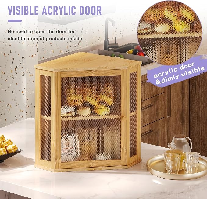 Bamboo Bread Box with Acrylic Window Display,Kitchen Countertop Storage,(Natual, Medium)